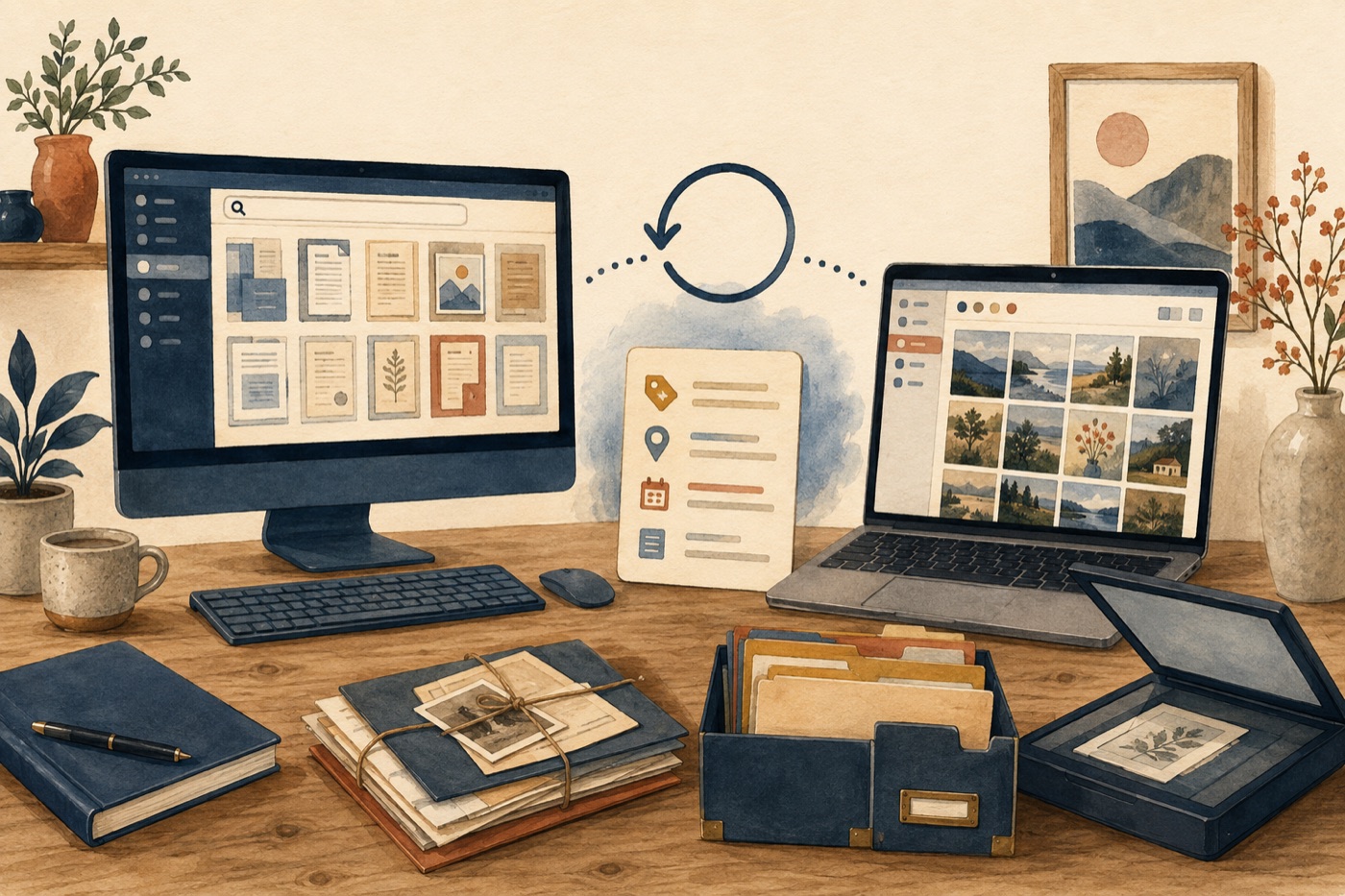 Zwei Computer zeigen eine Dokumentensuche und einen Fotokatalog neben Scanner und geordneten Archivmappen.