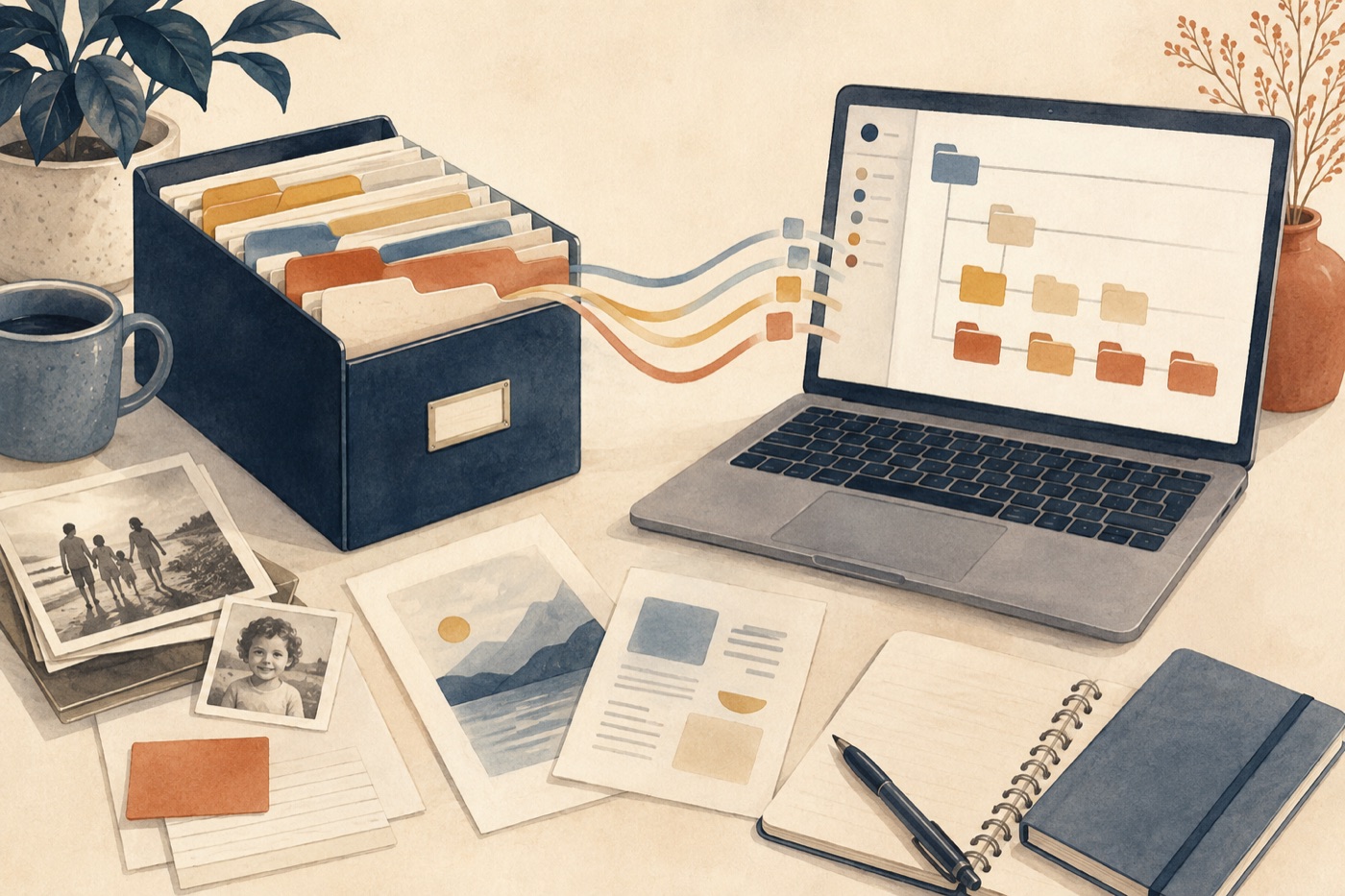 Analoge Dokumente und Familienfotos werden in ein übersichtliches digitales Archiv eingeordnet.